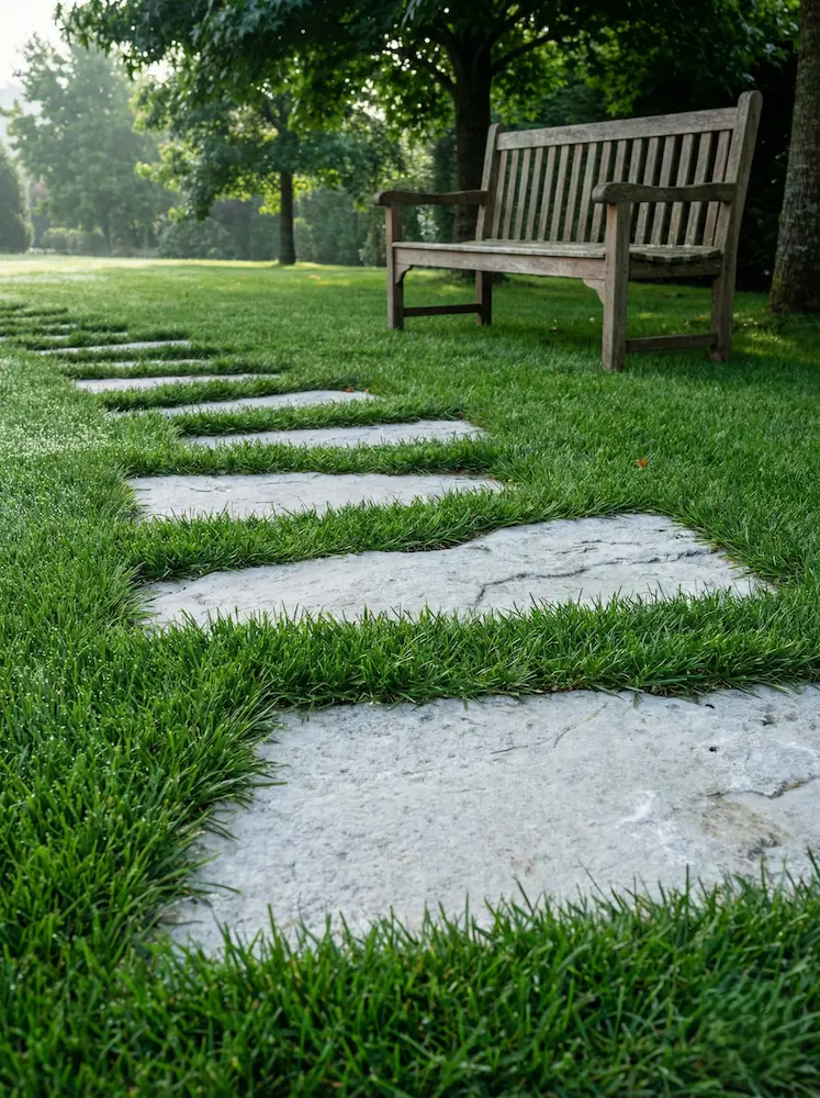 Detalle de paisajismo asturiano con un sendero de losas de piedra caliza integradas en un césped perfecto y un banco rústico de castaño.