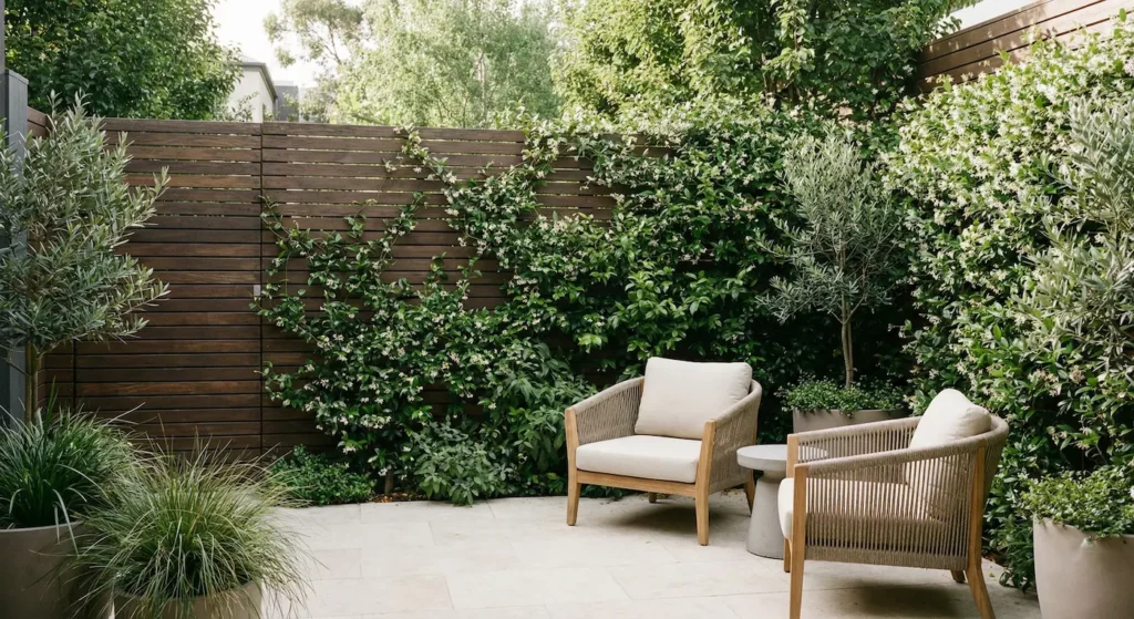 Cerca de madera moderna y vegetación vertical para privacidad en chalet.