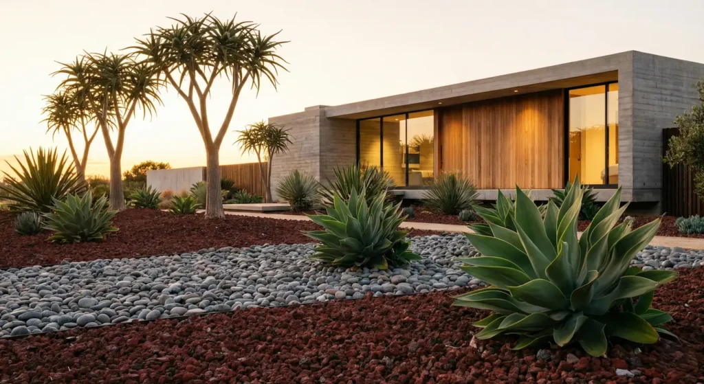 Composición de suculentas y áridos volcánicos en jardín moderno sostenible.