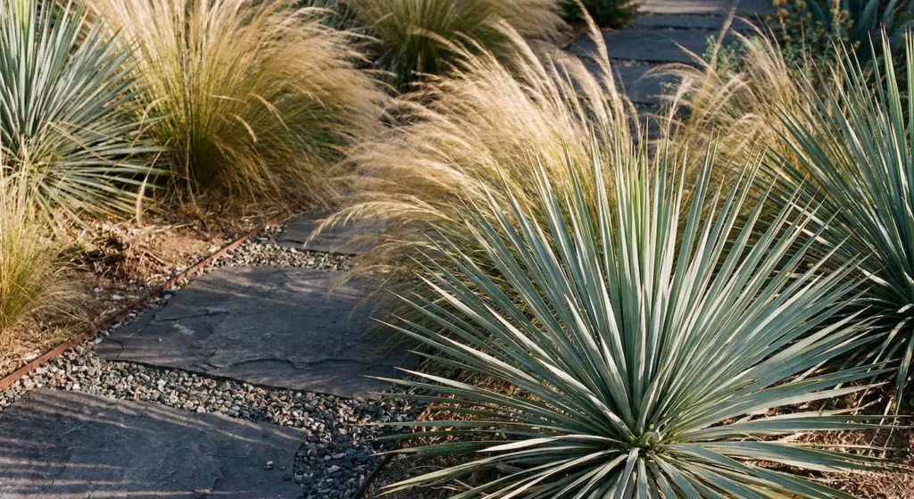 Detalle de gramíneas doradas y Yucca rostrata en diseño de xerojardín.
