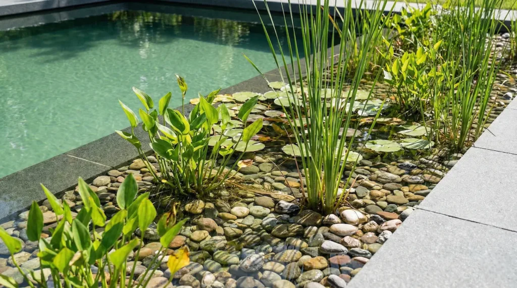 Detalle de zona de filtración biológica con plantas acuáticas y piedras de río en una piscina natural.
