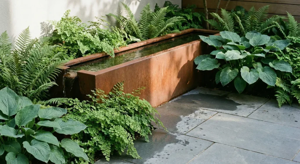 Fuente de acero corten minimalista en rincón de jardín de un bajo.