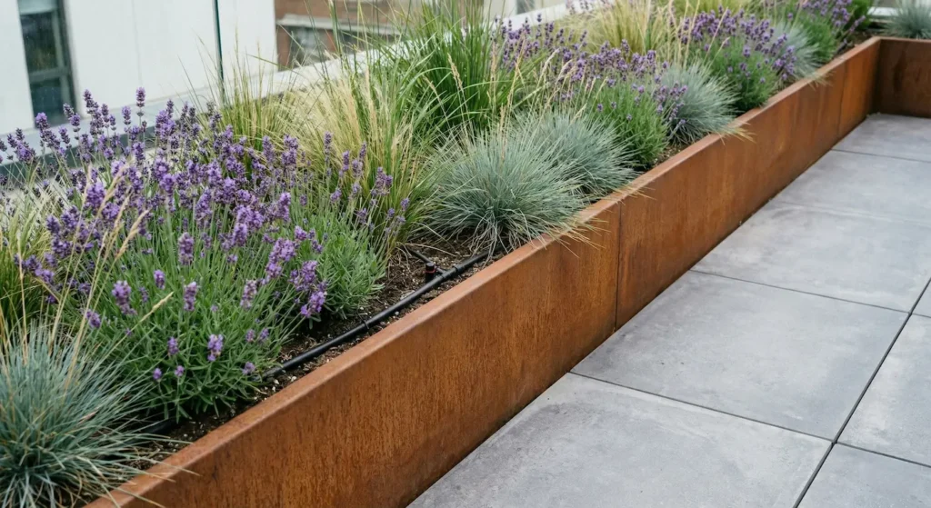 Jardinera lineal de acero corten con gramíneas y lavanda en terraza moderna.