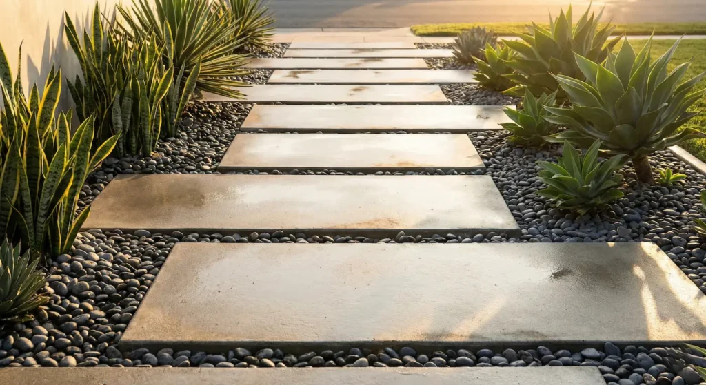 Pasarela de grandes losas de hormigón flotantes sobre grava oscura.