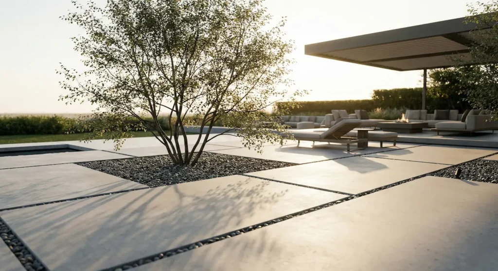 Patio de hormigón pulido de lujo con sombras alargadas y diseño minimalista.