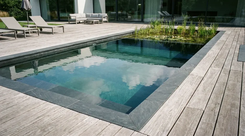 Piscina natural de líneas minimalistas con acabado en pizarra oscura y deck de madera.