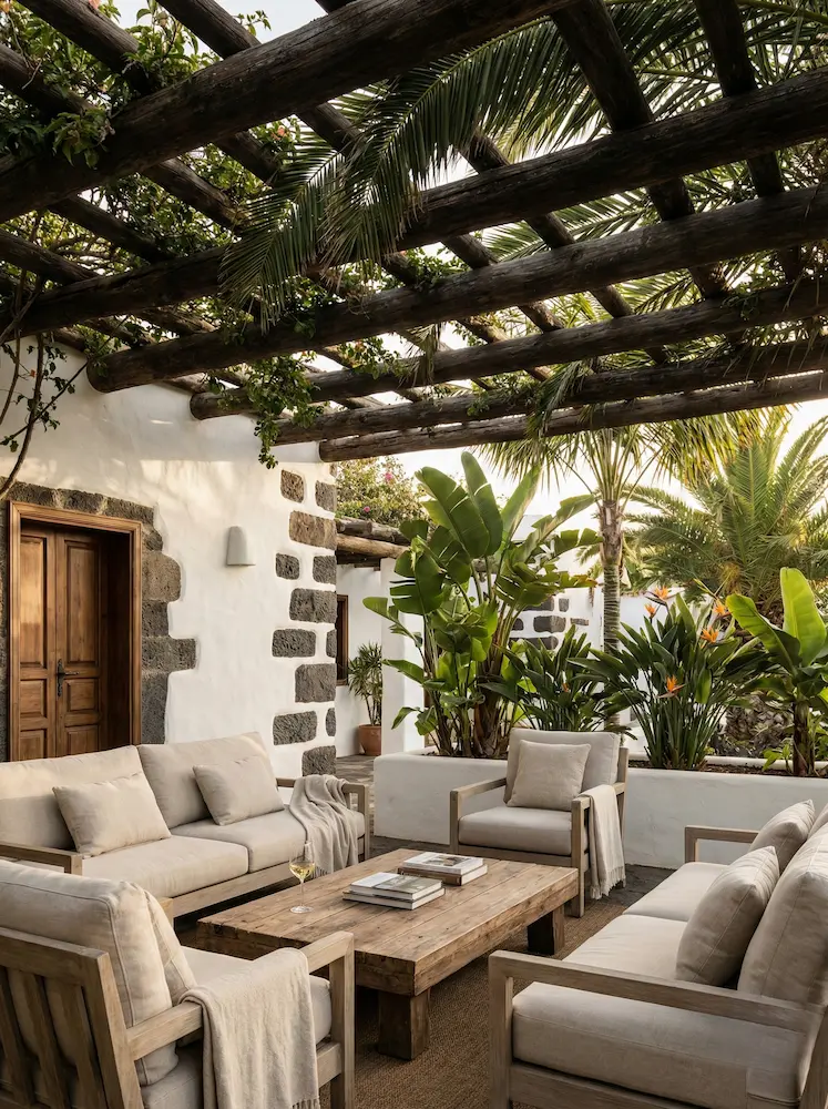 Acogedora terraza cubierta en una villa canaria con pérgola de madera oscura tradicional, mobiliario de exterior cómodo y vegetación subtropical.