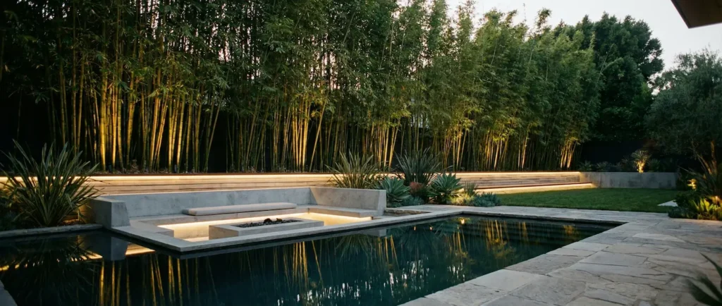 Vista panorámica 21:9 de jardín moderno con bosque de bambú iluminado al anochecer.