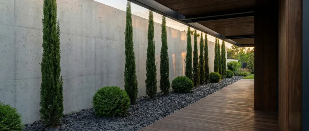 alineación de ciprés stricta junto con thuyas dánica alternas sobre lecho de grava gris y fondo de hormigón