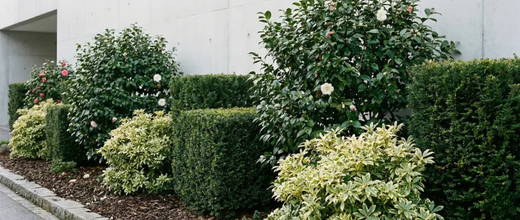 macizo ordenado con seto medio te tejo, camelias y pieris variegado sobre lecho de corteza de pino