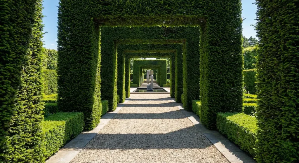 Perspectiva de un camino de grava flanqueado por una sucesión de arcos de ciprés.