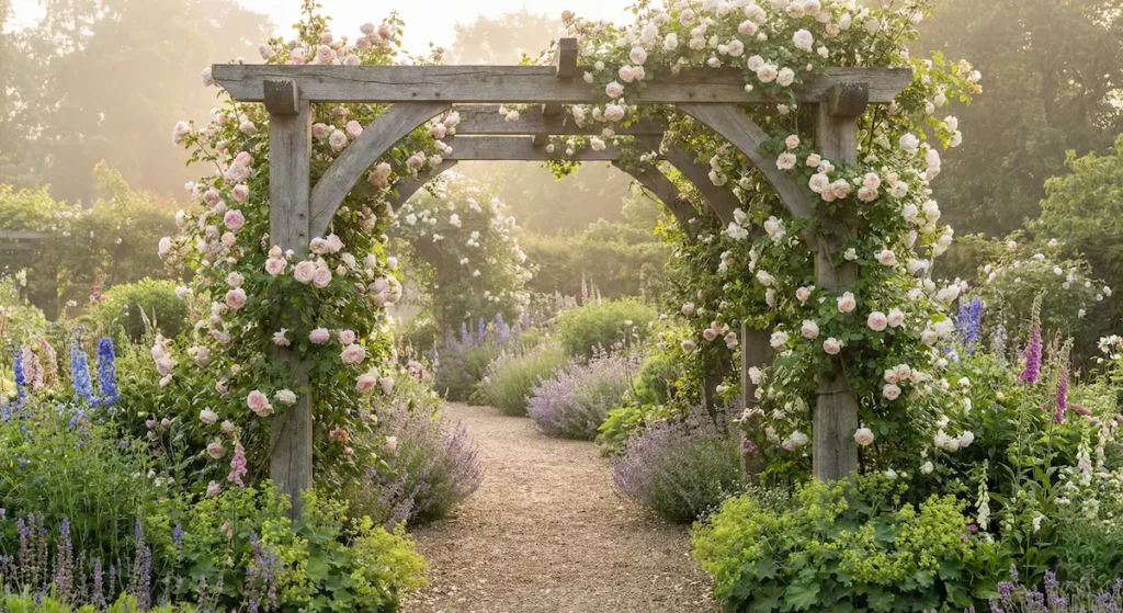 Arco de madera rústica cubierto de rosas trepadoras en un jardín estilo cottage.