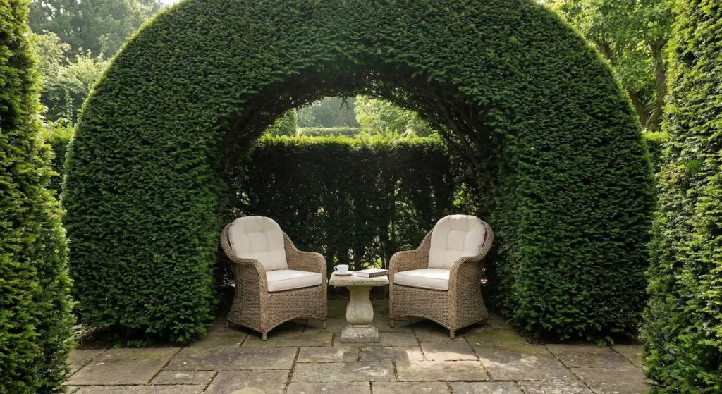 Zona de estar íntima con dos sillones bajo un denso arco de seto verde