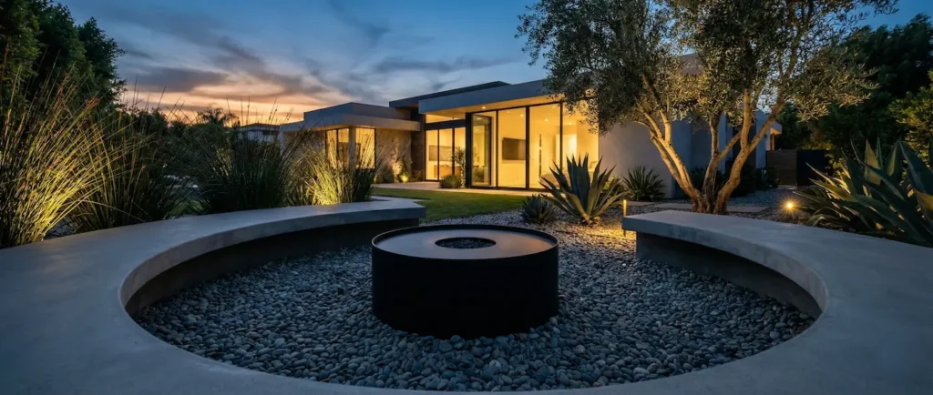 Vista panorámica 21:9 de zona de fuego minimalista y arquitectura moderna al anochecer.