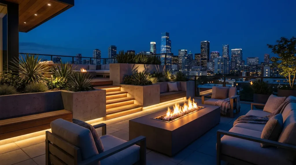 Panorámica nocturna de terraza de lujo en ático, con iluminación LED indirecta cálida, foso de fuego encendido y vistas al skyline de la ciudad iluminado.