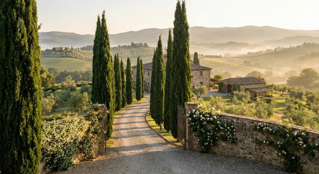Avenida de cipreses en una finca toscana de lujo al amanecer.