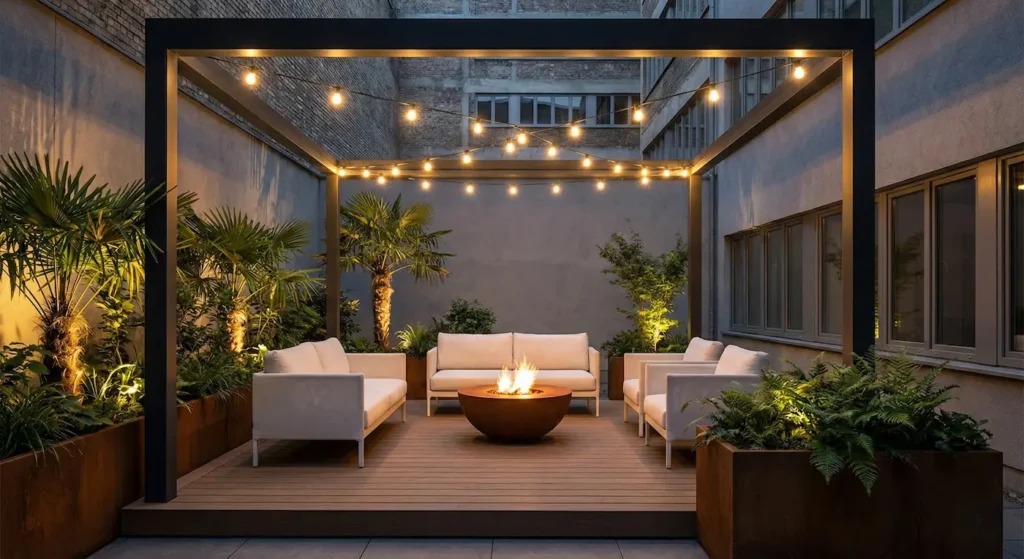 Primer plano nocturno de un salón exterior de lujo bajo una pérgola metálica, con sofás blancos, un moderno brasero de fuego y guirnaldas de luces cálidas.