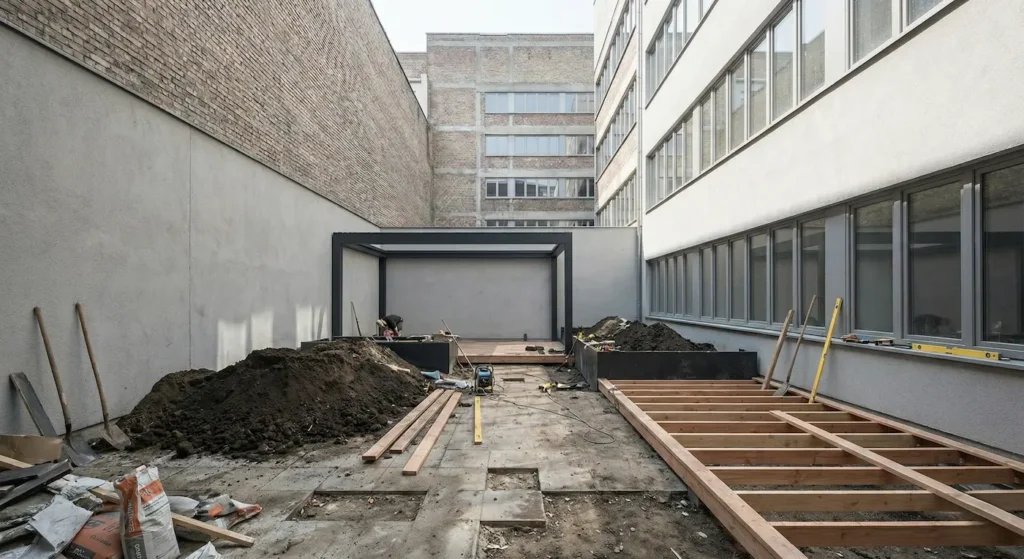 Proceso de obra en un patio urbano, mostrando la instalación de una tarima de madera exterior y estructuras metálicas.