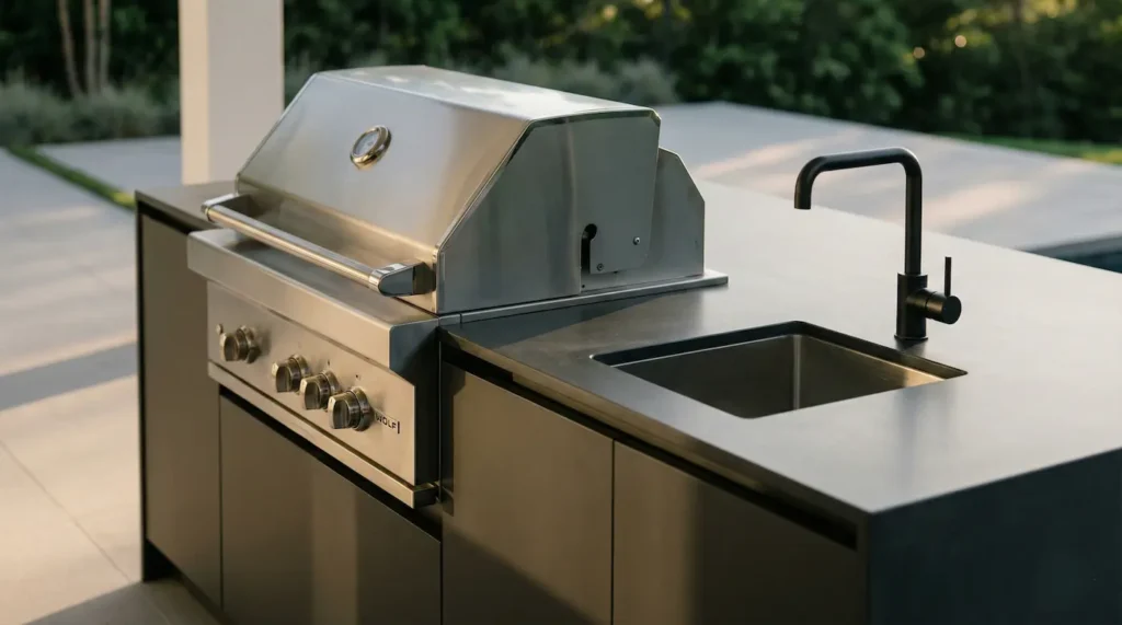 Detalle de encimera de cocina exterior oscura con parrilla de acero inoxidable profesional.