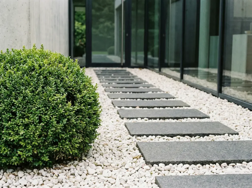 lecjo de grava blanca con losas gris antracita para el paso y boj de bola para romper líneas rectas 