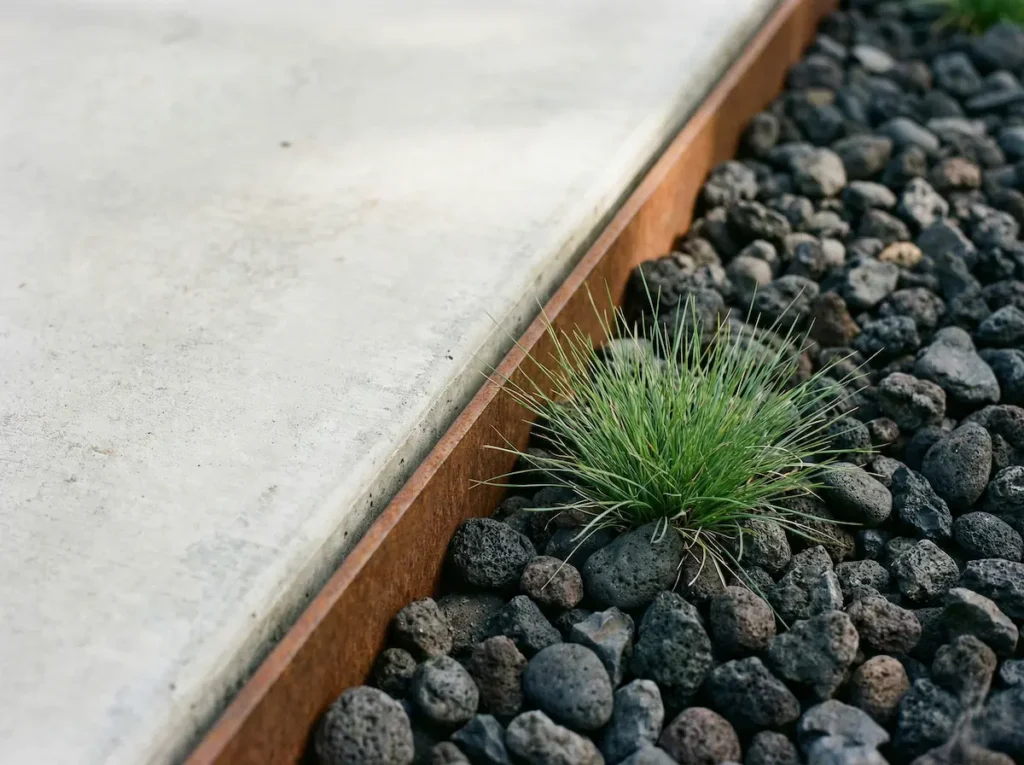 combinación de acero corten con grava oscura