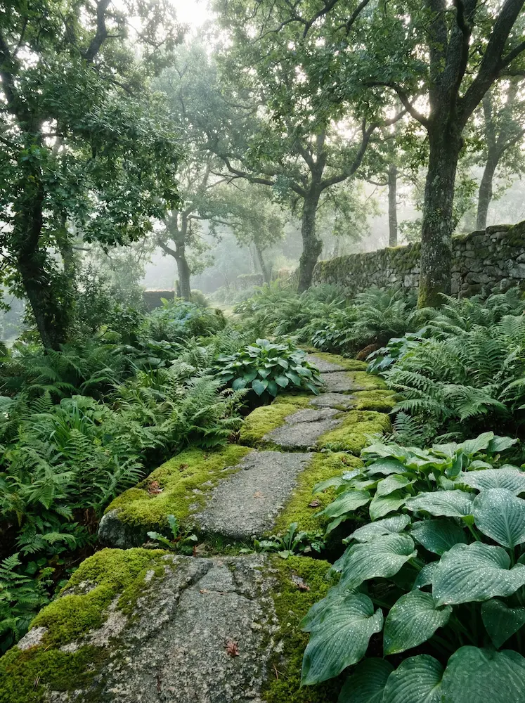 Sendero rústico de losas de granito con musgo intercalado, atravesando un exuberante jardín de helechos y plantas de sombra.