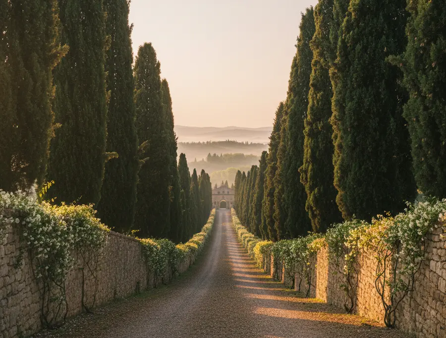 camino flanqueado por cipreses delimitando fincas