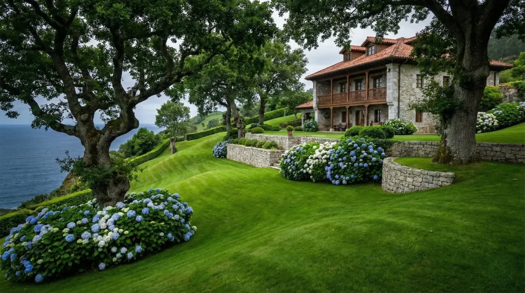 Espectacular paisaje de un jardín cántabro de lujo con extensa pradera verde, casona tradicional de piedra, hortensias y el mar al fondo