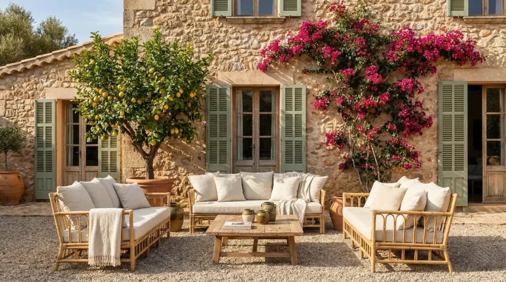 Patio de grava en casa rústica de piedra en Mallorca, con muebles de bambú, un limonero y una gran buganvilla fucsia.