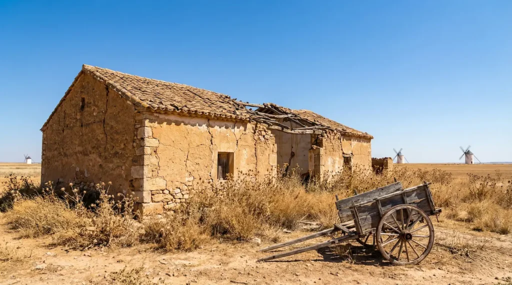 Estado inicial de una casa rural abandonada de adobe en La Mancha, con un carro de madera antiguo y molinos de viento al fondo.