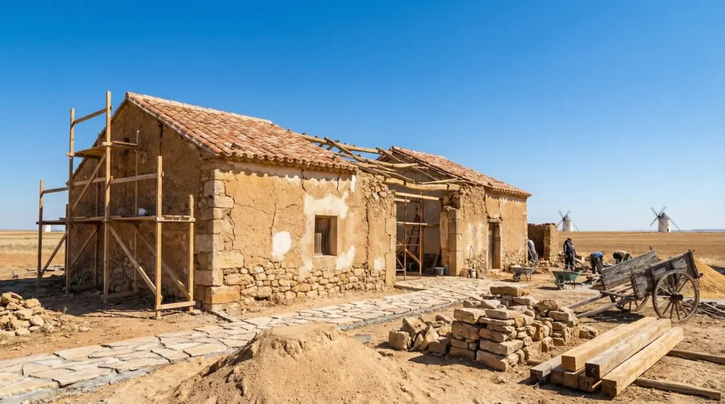 Fase de obra en la reforma de una casa rústica, mostrando andamios, reparación del tejado y la construcción de un camino de losas de piedra.