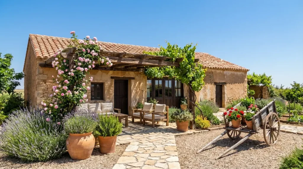 Espectacular jardín rústico terminado con una pérgola de madera cubierta de rosas, macetas de terracota con lavanda y un antiguo carro convertido en jardinera.