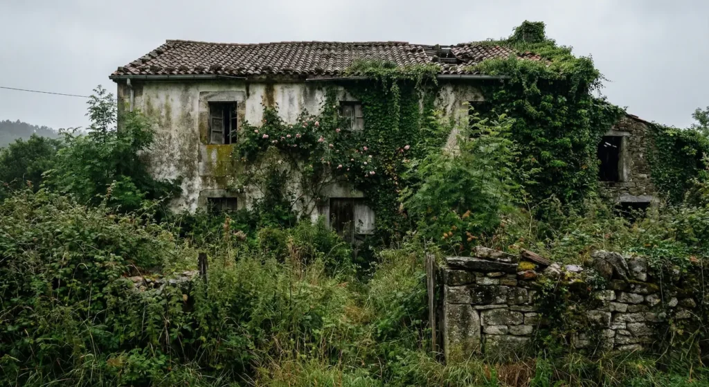 Estado inicial de una casa de piedra antigua y abandonada en el norte de España, con el jardín frontal cubierto de maleza salvaje y hiedra.