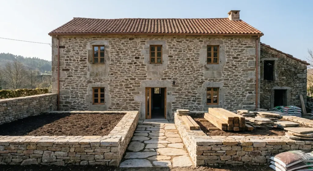 Fase de obra civil en reforma de jardín, mostrando la casa de piedra restaurada, muros de contención en seco, camino de losas y parterres con tierra oscura preparada.