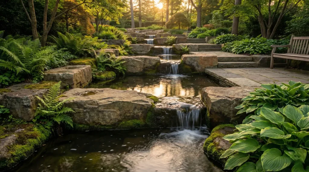 Diseño paisajista de terrazas de agua y cascadas construidas con grandes bloques de piedra rústica en un desnivel pronunciado.