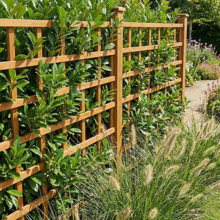 celosía de madera y laurel cerezo como cortavientos