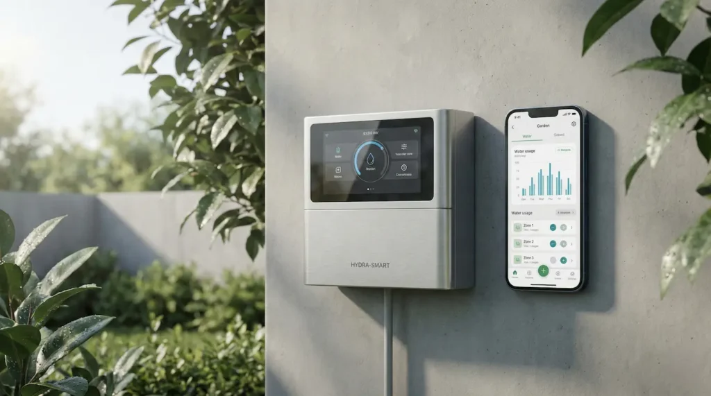 Controlador de riego WiFi y aplicación móvil para gestión hídrica de precisión.