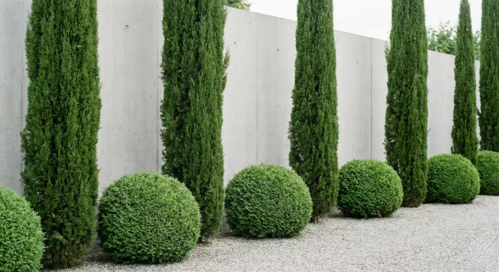 Composición de cipreses Stricta y arbustos esféricos en jardín de líneas limpias.