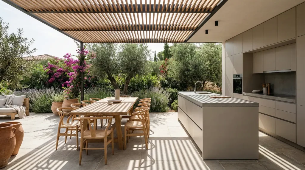Zona de comedor exterior con mesa de madera maciza y plantas mediterráneas.