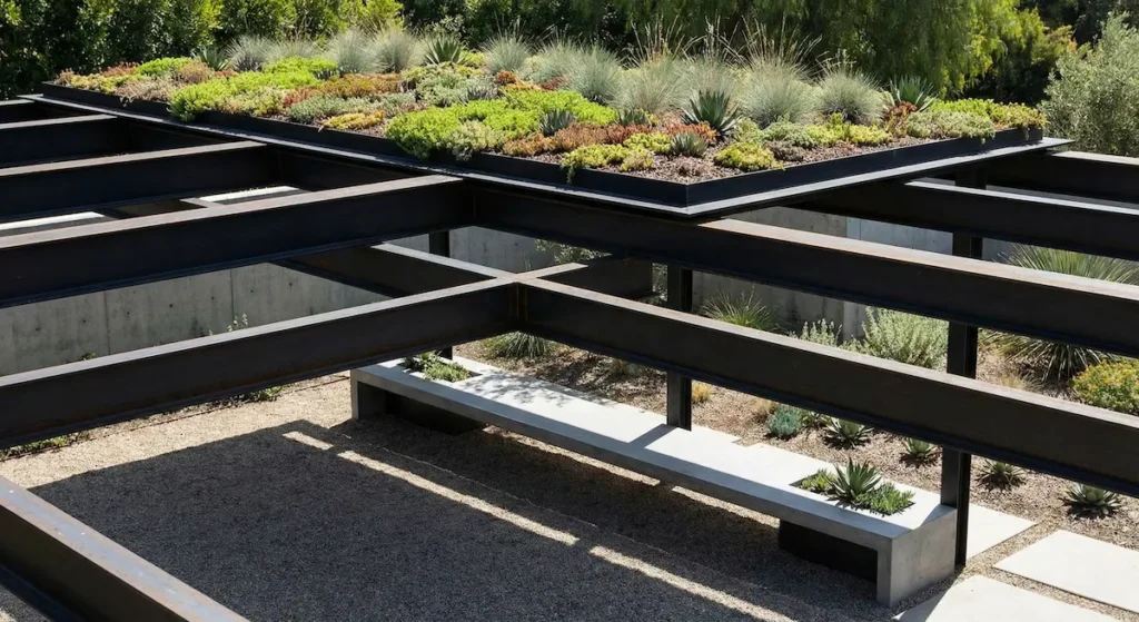 Zona de descanso en el jardín cubierta por una estructura metálica con plantas vivas en el techo.