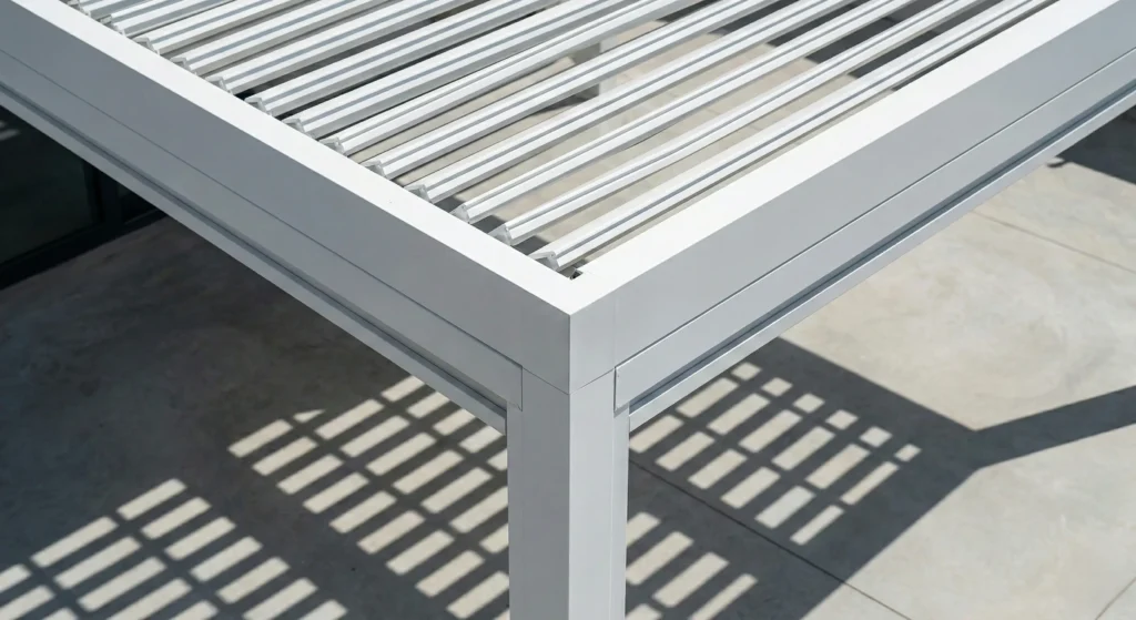 Detalle de lamas de aluminio ajustables en el techo de una estructura para jardín.