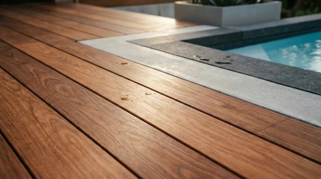Detalle de la veta y el acabado de una tarima de madera noble junto a una piscina.