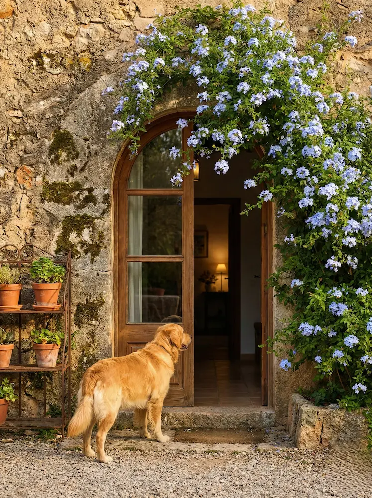 Entrada de casa mallorquina de piedra enmarcada por una espectacular planta trepadora Plumbago de flores azules.