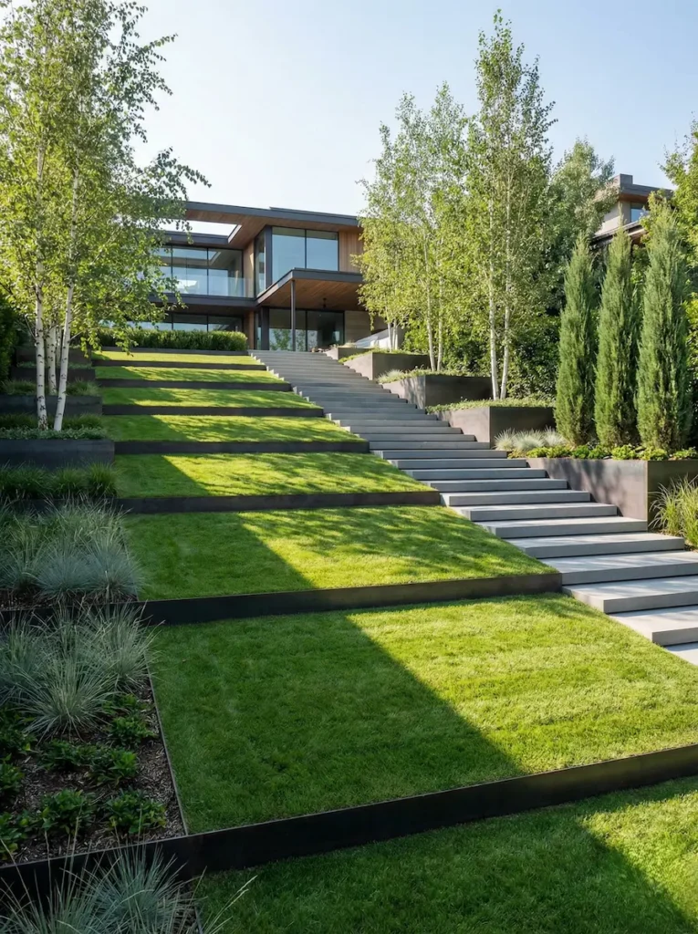 Paisajismo minimalista en pendiente con terrazas geométricas de césped impecable y escalones arquitectónicos de hormigón.