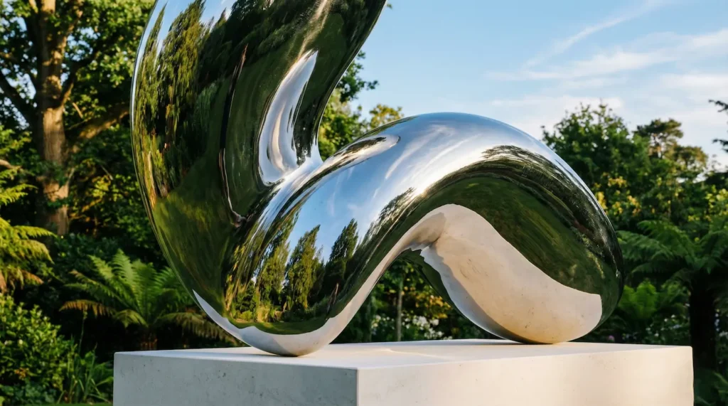 Detalle de escultura metálica pulida reflejando la vegetación en un jardín moderno.