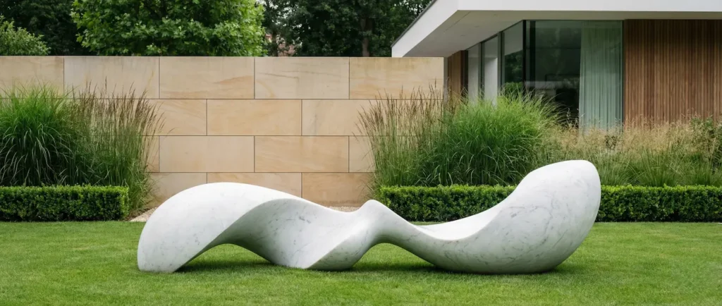 escultura abstracta en marmol sobre pradera césped