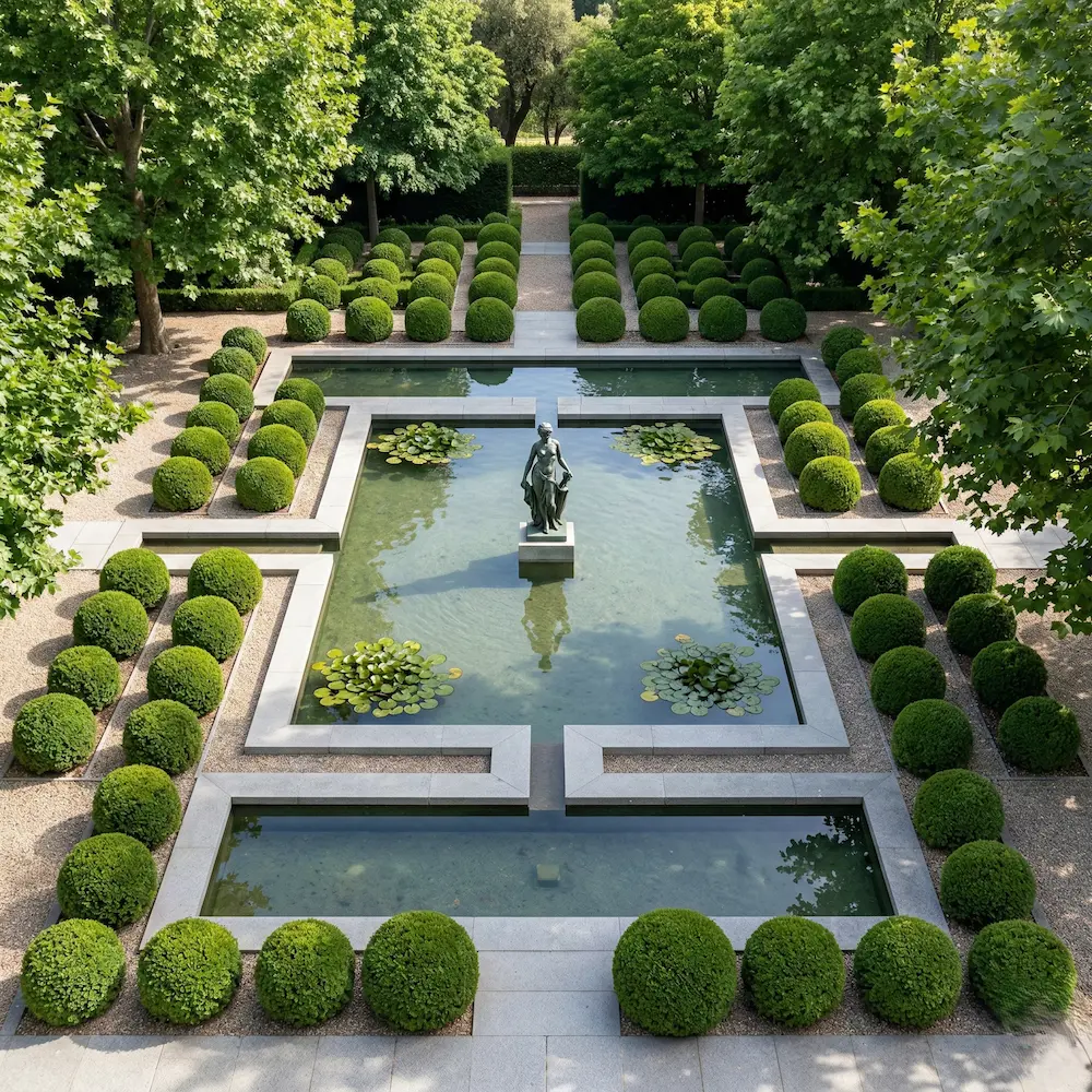 estanque geométrico en jardín formal o clásico