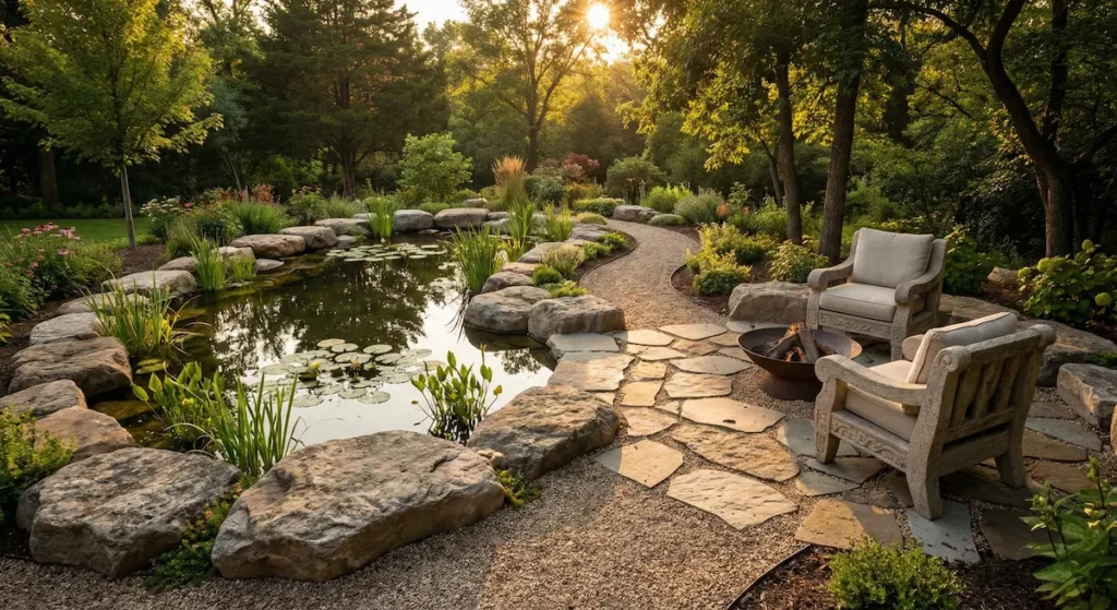 estaque en rincón secreto con plantas acuáticas