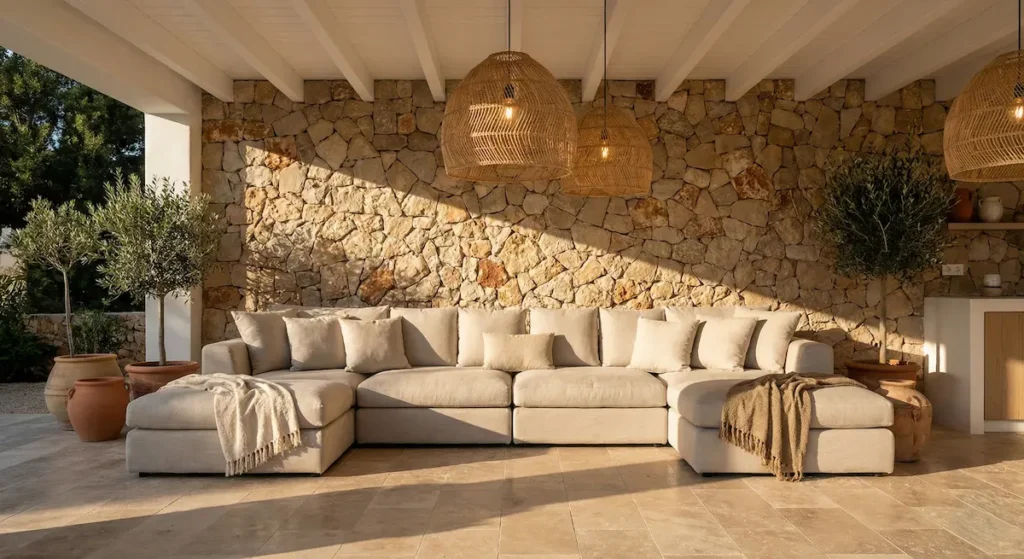 Salón de verano de lujo con sofás cómodos bajo un porche moderno con pared de piedra natural.