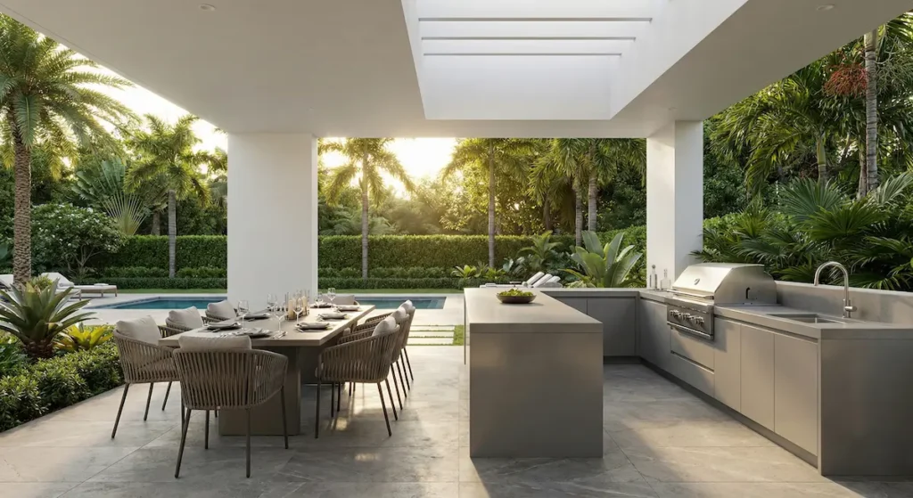 Comedor y cocina de exterior moderna totalmente equipada en una terraza de diseño mediterráneo.